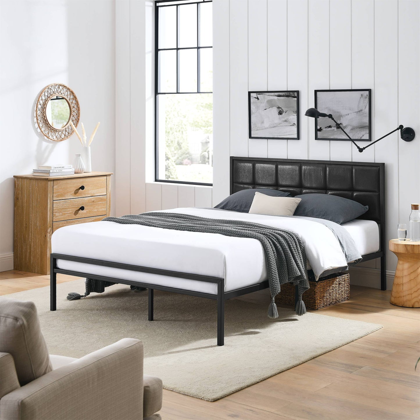 BSHTI Cama Moderna TamaÃ±o Queen de Metal con Cabecera Tapizada y Soporte de Listones de Madera para Sala de Estar, No Se Necesita Box Spring