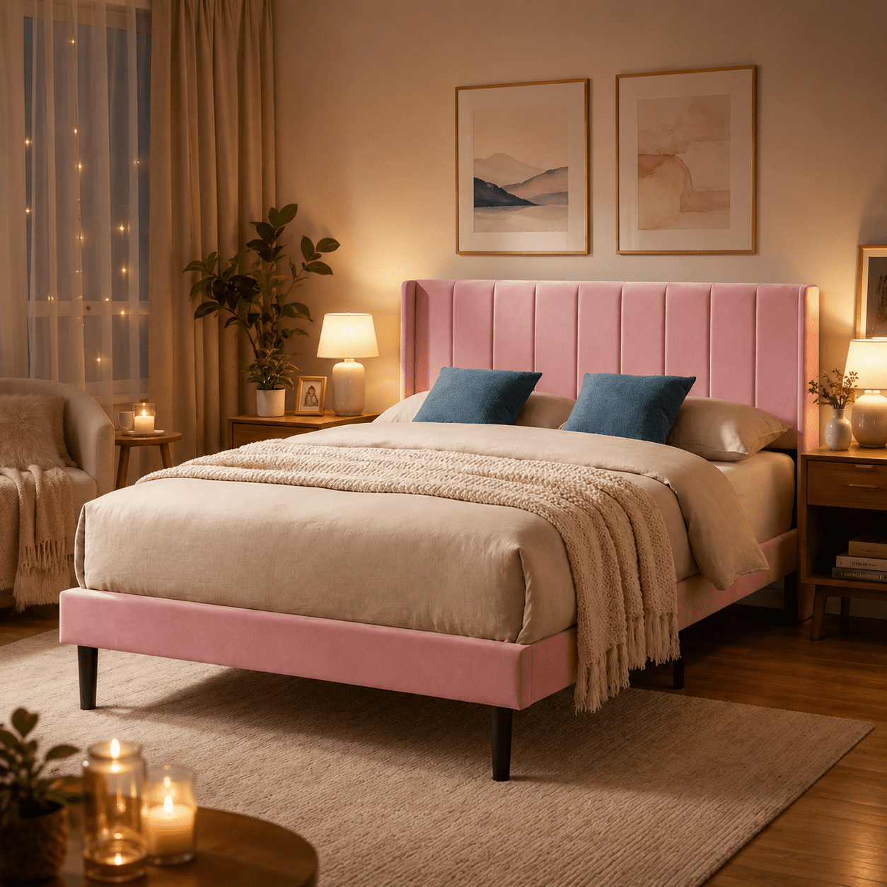 BSHTI KING Size Upholstered Platform Bed Frame â€“ No Box Spring Needed, Square Tufted Headboard, Solid Wood Frame, Center Support Leg, Under-Bed Storage, Easy Assembly, Light Grey