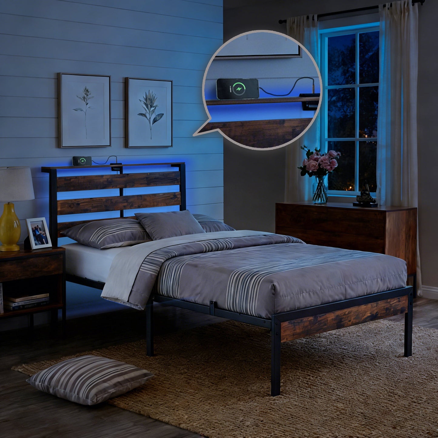 BSHTI Twin Size LED Bed Frame with Metal Frame, RGB Lights & Storage Headboard, No Box Spring Needed, Under-Bed Storage, for Bedroom, Dorm, or Guest Roomï¼ŒRustic Brown