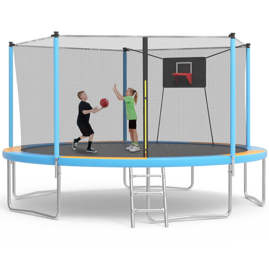SHINPT 14ft Trampoline for Kids, Outdoor Trampoline with Net, Big Trampoline with Basketball Hoop and Ladder, Heavy Duty Trampoline with No-gap Design, Backyard Trampolines for Adult