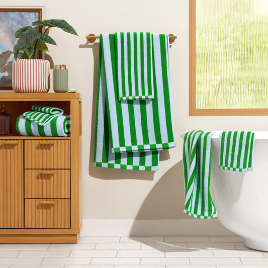 Beautiful by Drew Barrymore 6-Piece Stripe Hem Bath Towel Set, Soft 100% Cotton, Green