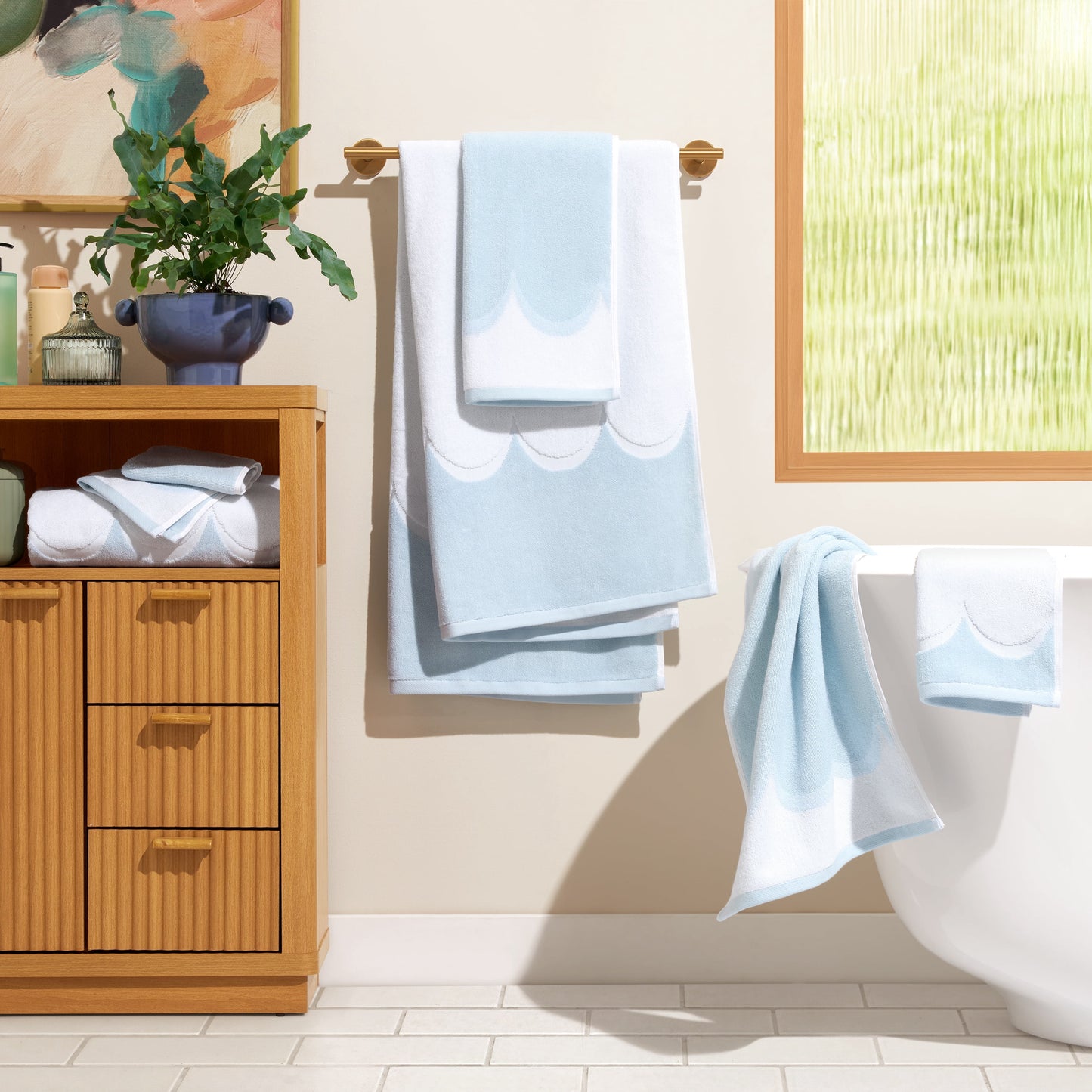 Beautiful by Drew Barrymore 6-Piece Scallop Bath Towel Set, Soft 100% Cotton, Hydrangea