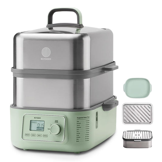 BUYDEEM G67US-A503 Electric Food Steamer for Cooking, 2 Tire Stainless Steel Steamer with Manual Mode, 1500W, 14 Quart, Green