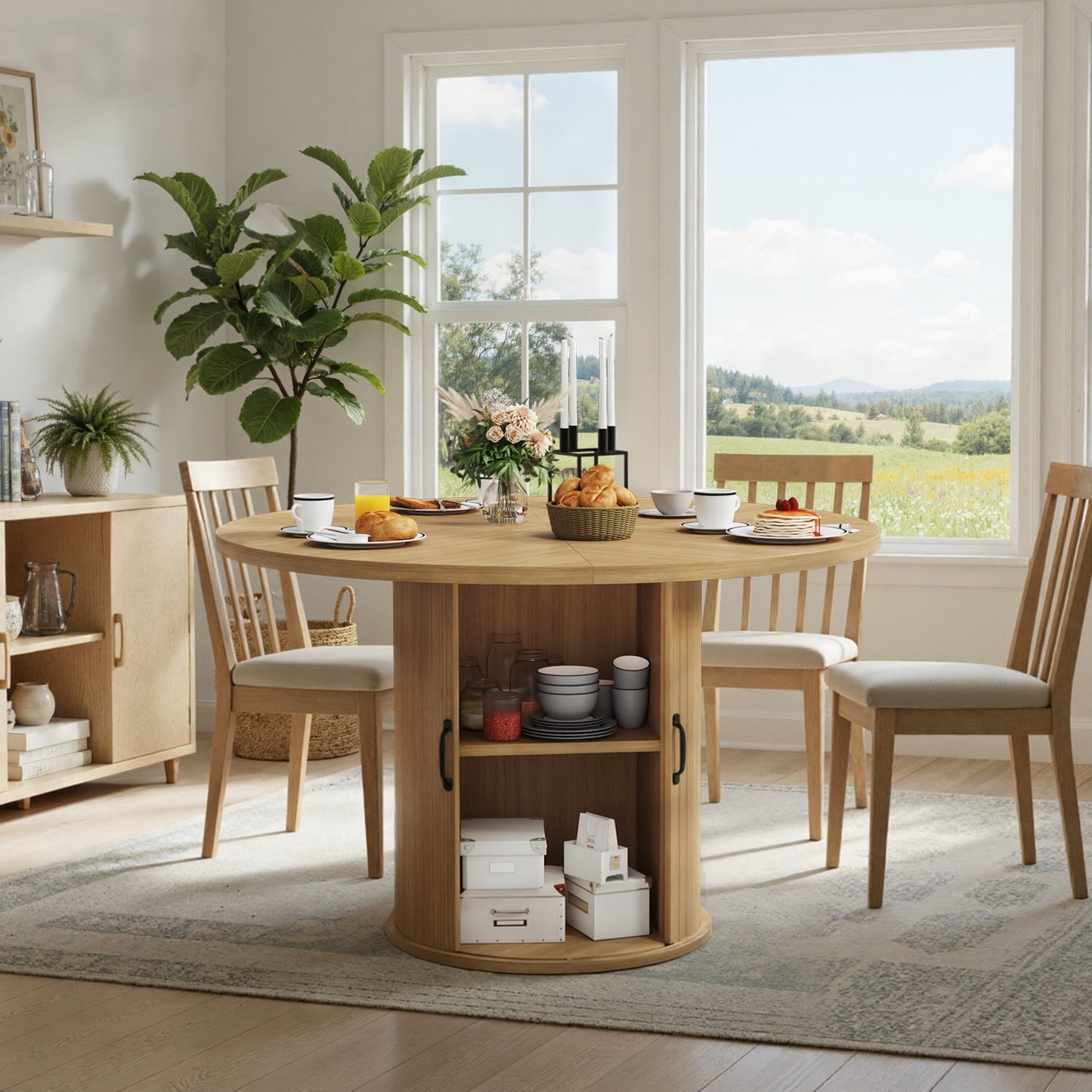 BaPiPro 47" Round Dining Table for 4, Modern Farmhouse Kitchen Table with Hidden Storage, Natural Wood