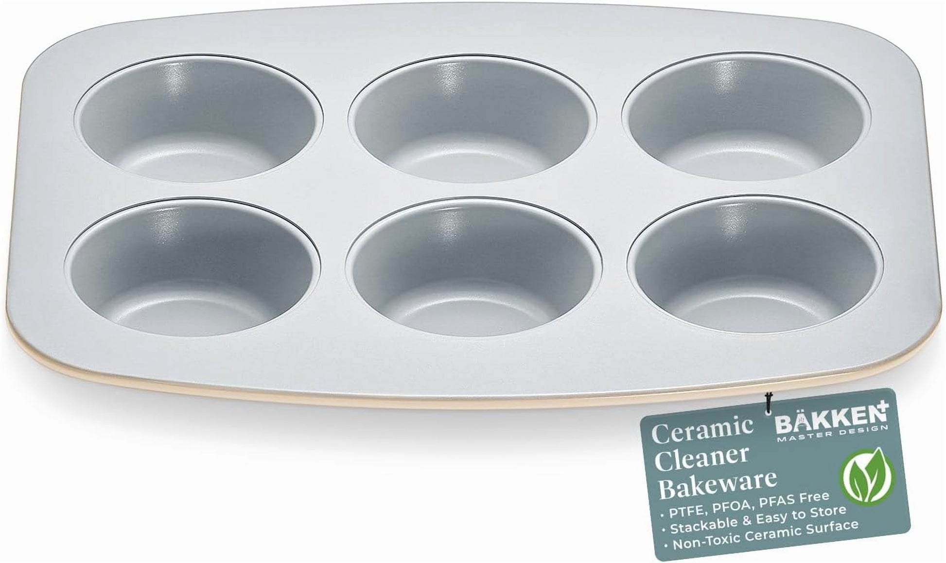Bakken 6-Cup Cake and Muffin Pan, Aluminized Steel with Ceramic Non-Stick Coating, Non-Toxic, Heavy-Duty Bakeware, Even Heat Distribution, 10.8 x 8.8 Inches - Gold