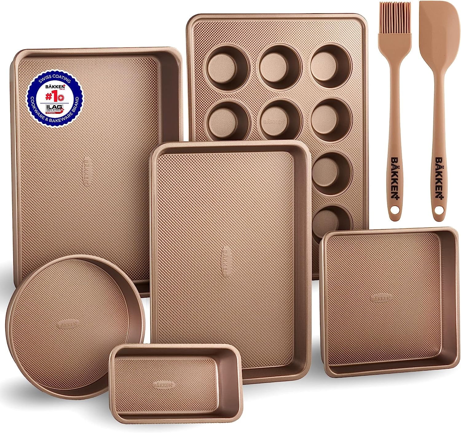 Bakken- Swiss 8-Piece Kitchen Baking Pan Set - Commercial Grade Carbon Steel Bakeware with Nonstick Coating, Stackable and Space-Saving Design, Oven Safe Tray (up to 450Â°F), Gold