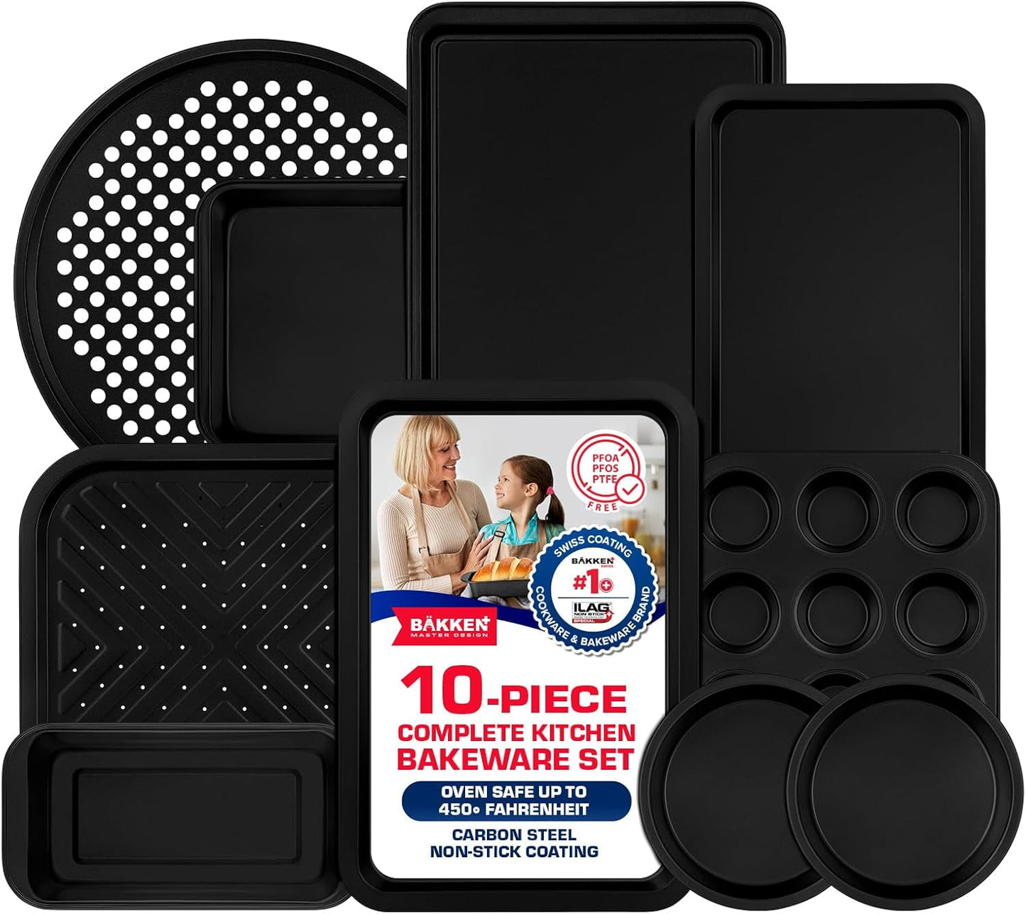 Bakken 10-Piece Baking Set â€“ Deluxe Carbon Steel Non-Stick Bakeware with Black Coating â€“ Oven Safe Baking Pans for Cookies, Muffins, Cakes & Roasting