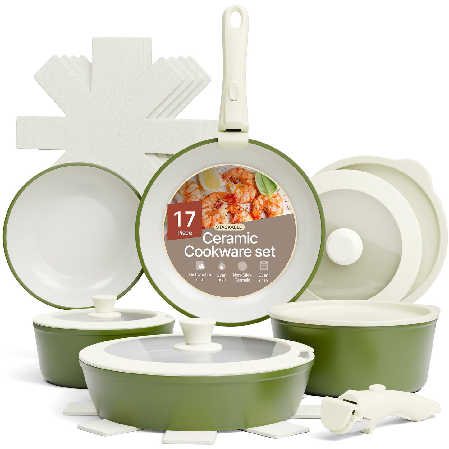 Bakken 17-Piece Ceramic Coated Aluminum Cookware Set, Nonstick Pots & Pans with Lids, Silicone Utensils & Oven Mitts, All-Stovetop Safe to 500Â°F