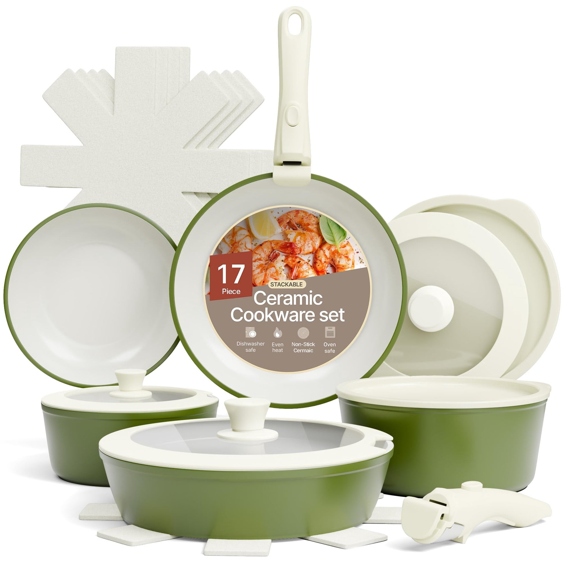 Bakken 17-Piece Ceramic Coated Aluminum Cookware Set, Nonstick Pots & Pans with Lids, Silicone Utensils & Oven Mitts, All-Stovetop Safe to 500Â°F