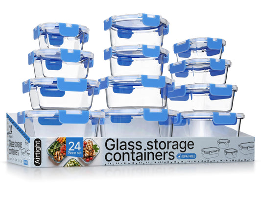 Bakken Borosilicate Glass Food Storage Containers with Lids 24 Pieces, Airtight Leak-Proof, Stackable Lunch Containers Microwave & Freezer Safe, Gray