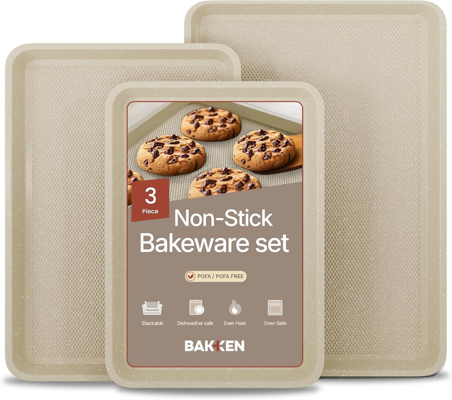Bakken Kitchen 3-Piece Nonstick Baking Pan Set, Small, Medium, Large Cookie Sheets, White Marble, Oven Safe to 450Â°F