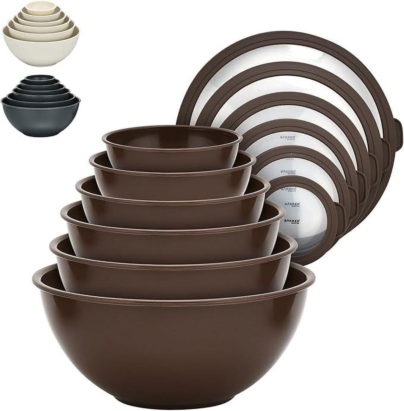 Bakken Master 12 Piece Plastic Nesting Bowls with Lids - Mixing Bowls Set includes 6 Prep Bowls and 6 Lids, BPA-Free, Reusable Meal Prep Containers, Microwave, Freezer & Dishwasher Safe, Brown