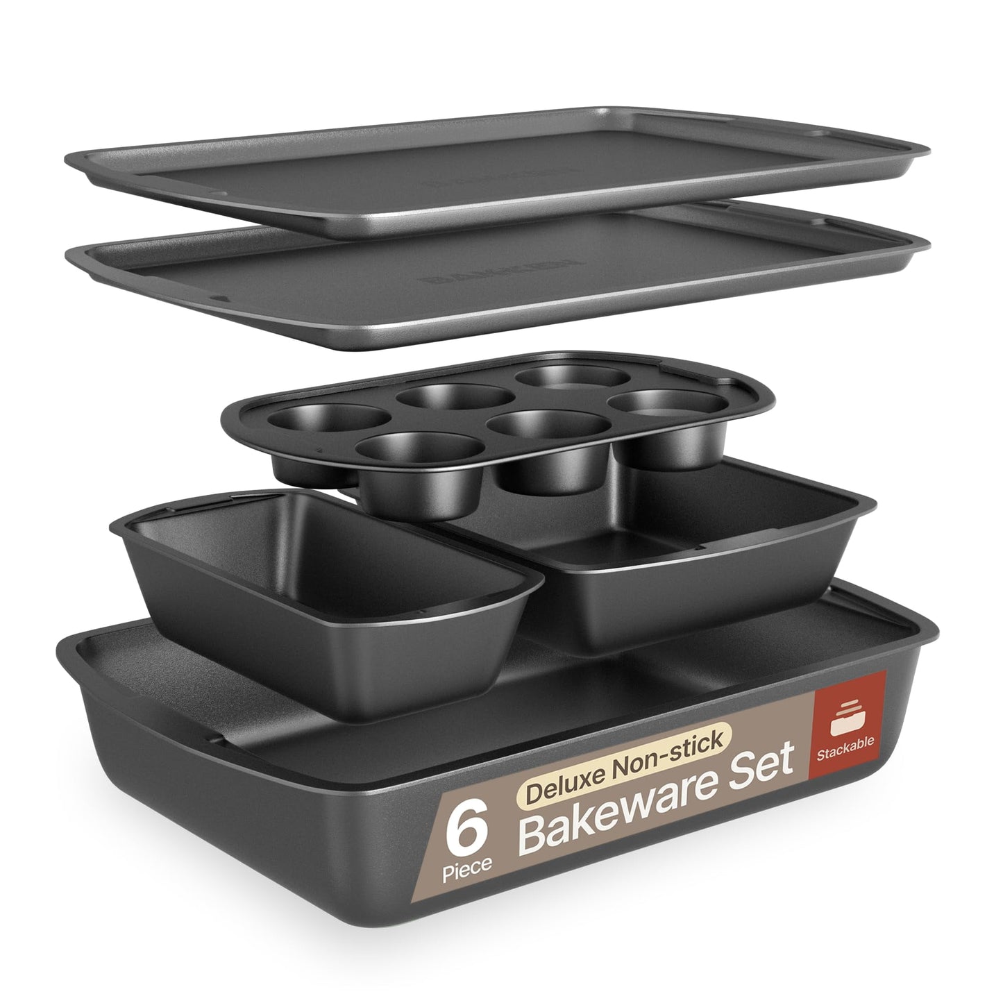 Bakken Non-Stick Bakeware Set 6-Piece, Stackable Carbon Steel Baking Pans for Home & Professional Cooking, Gray