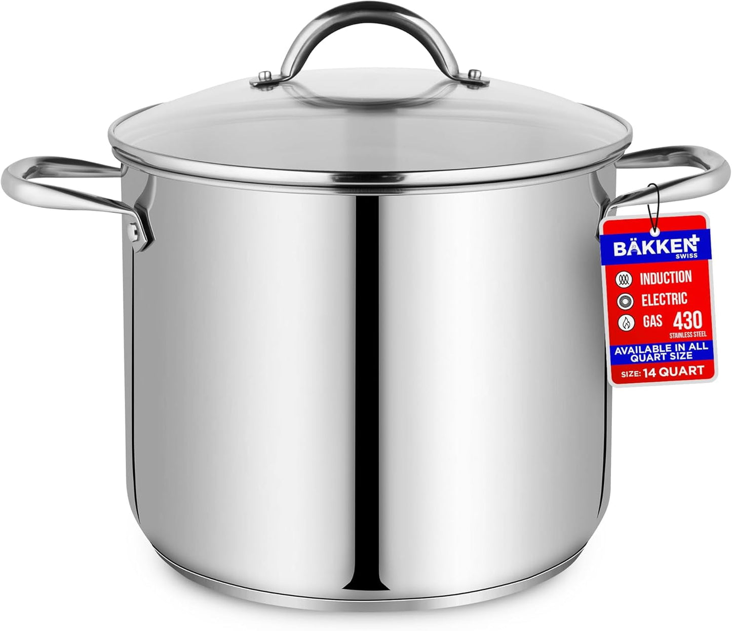Bakken- Swiss 14-Quart Stainless Steel Stockpot with Glass Lid â€“ Heavy-Duty, Induction Compatible, Dishwasher Safe & Easy Cleaning