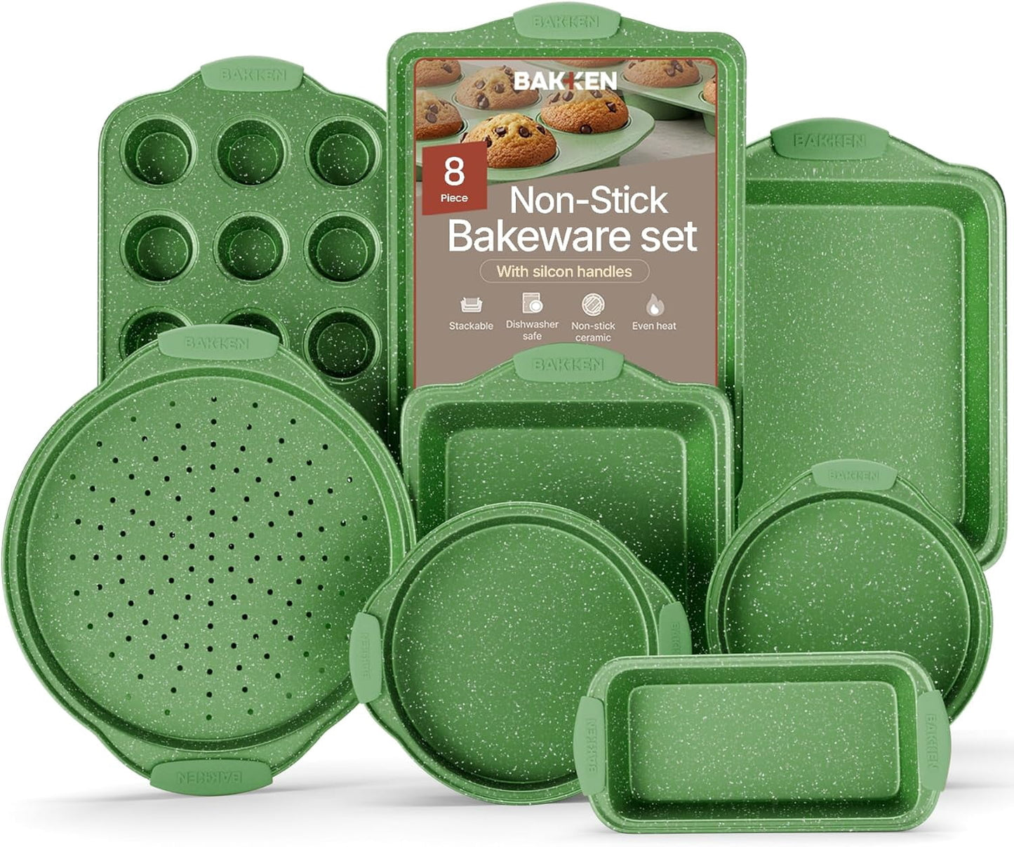 Bakken- Swiss Kitchen Baking Pan Set - Nonstick Green Marble Coating, Carbon Steel Bakeware Sets with Green Silicone Handles, Kitchen Essentials, Oven Safe