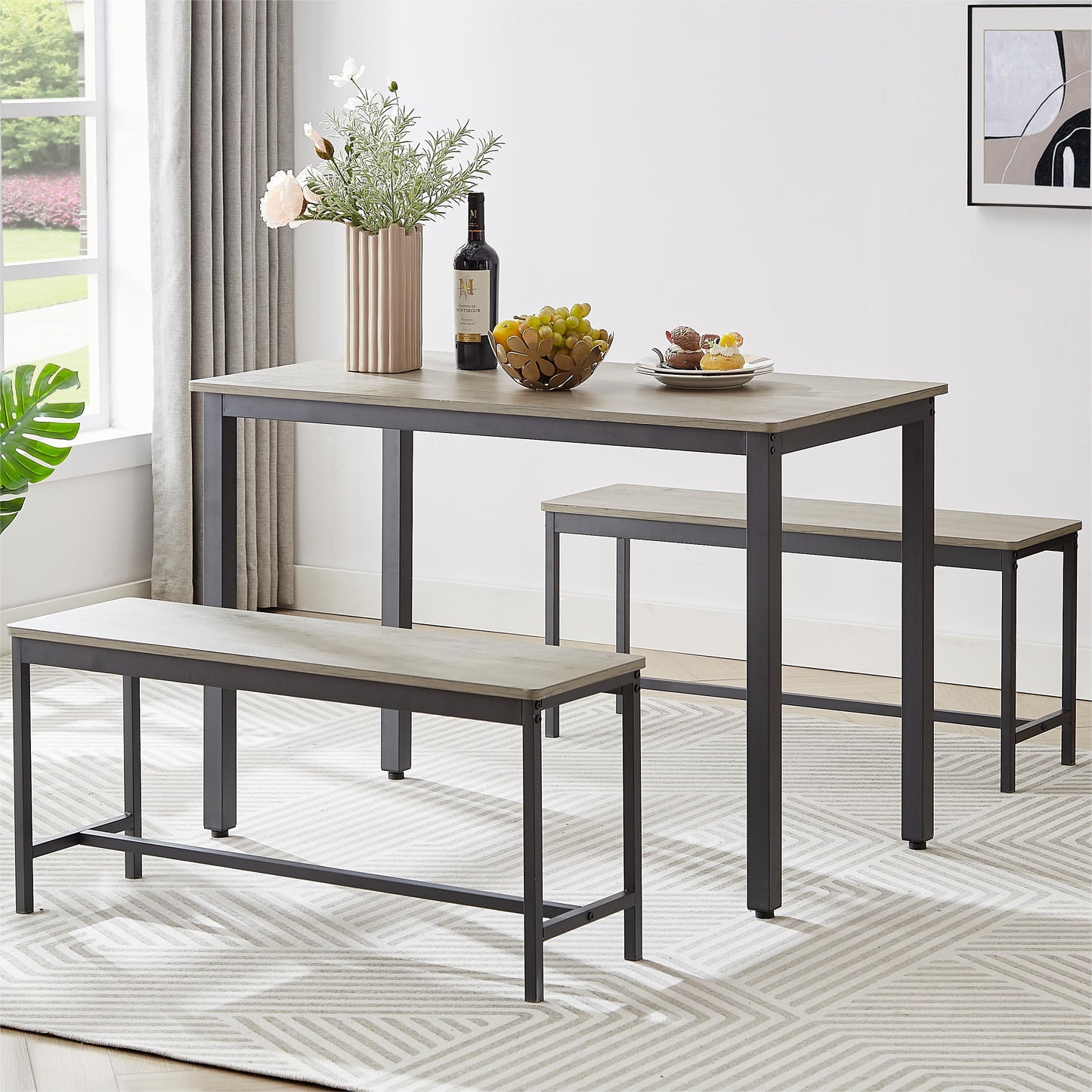 Bar Table with 2 Dining Benches, Kitchen Table Counter with Chairs, Industrial for Kitchen Breakfast Table, Living Room, Party Room,Grey,43.3â€³L x 23.6â€³W x 29.9â€³H