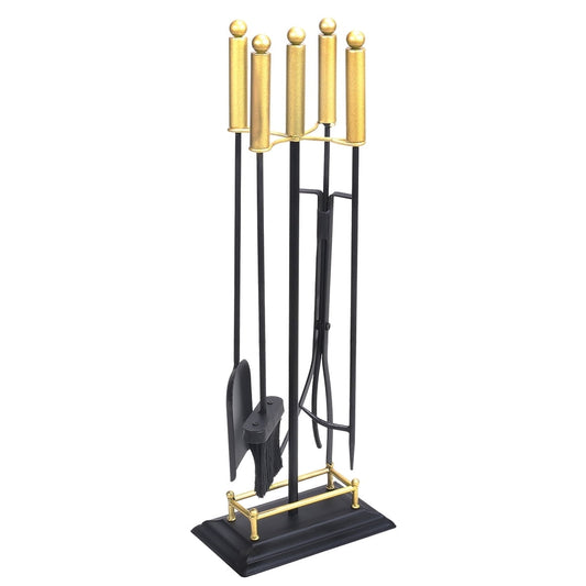 Barton 5-Piece Fireplace Tools Sets Gold Handle Wrought Iron Large Fire Tool Set & Holder Outdoor Fireset Fire Pit Stand, 29"