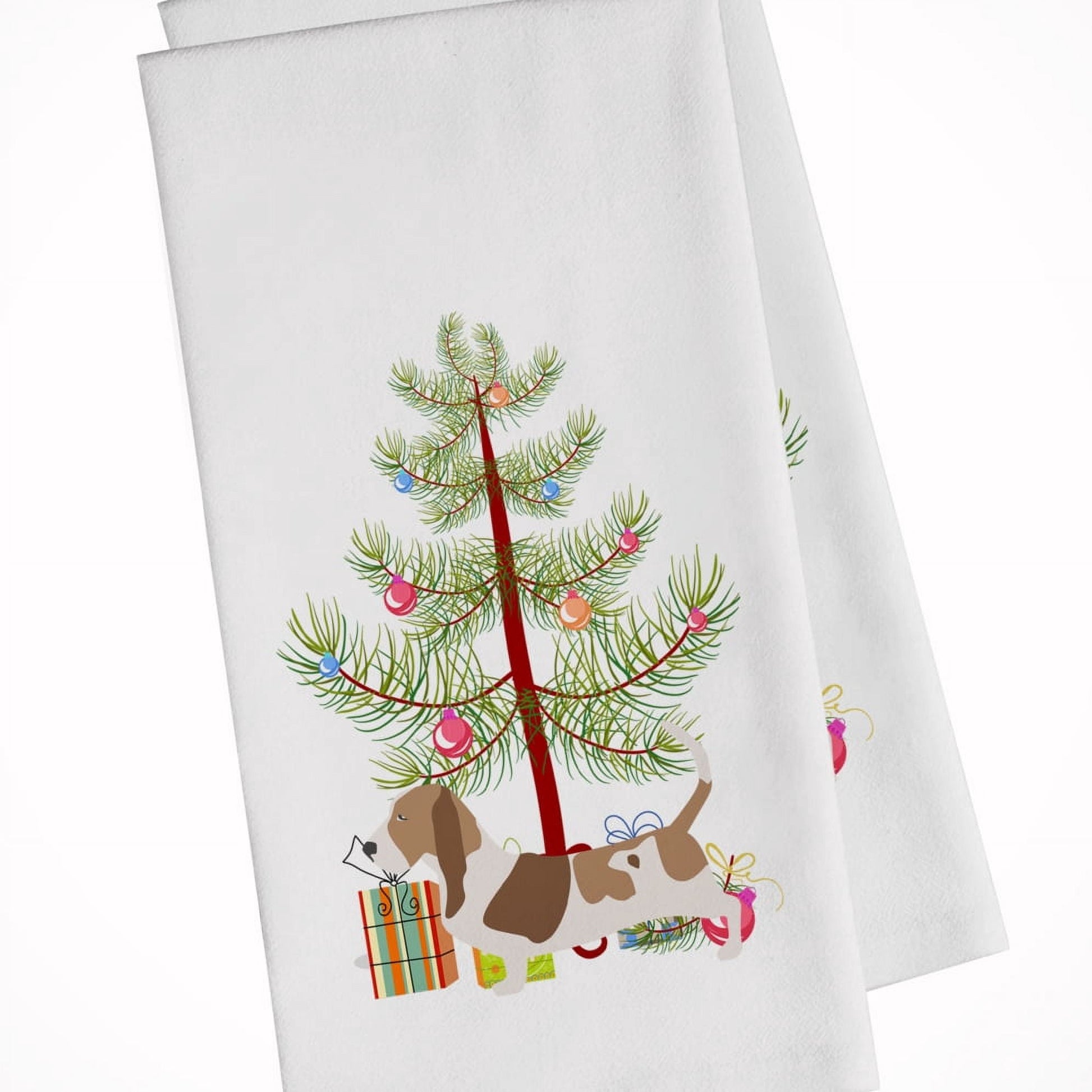 Basset Hound Merry Christmas Tree White Kitchen Towel Set of 2