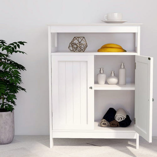 Bathroom Storage Cabinet with Double Door, Cupboard with 2 shelves and 1 Open Storage, Side Storage Organizer Cabinet for Bathroom, Entryway, Home and Kitchen, White