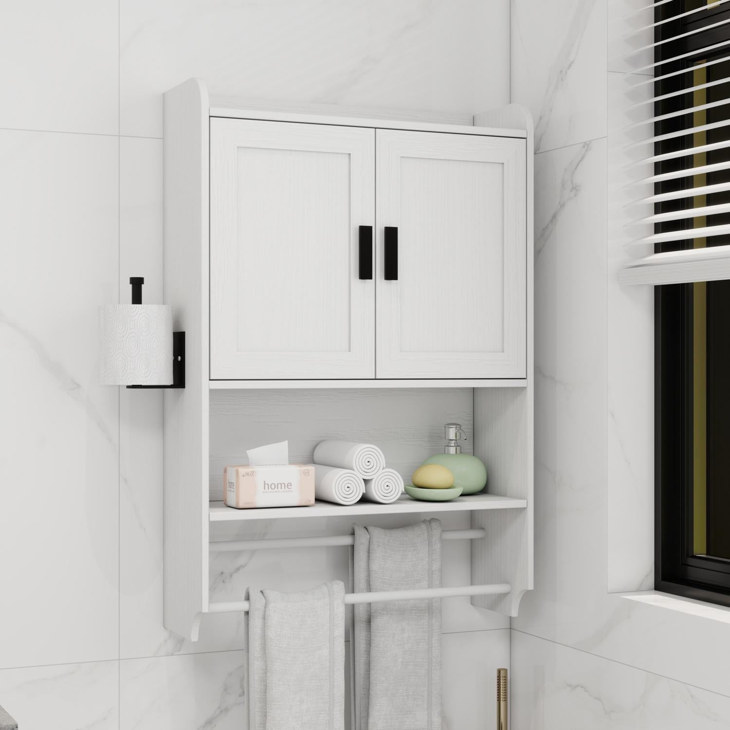 Bathroom Wall Cabinet with Doors, Adjustable Shelf and Towel Bar for Over The Toilet Storage, Medicine Cabinet with Paper Holder for Bathroom, 21.65x7.48x32.48 Inch, White