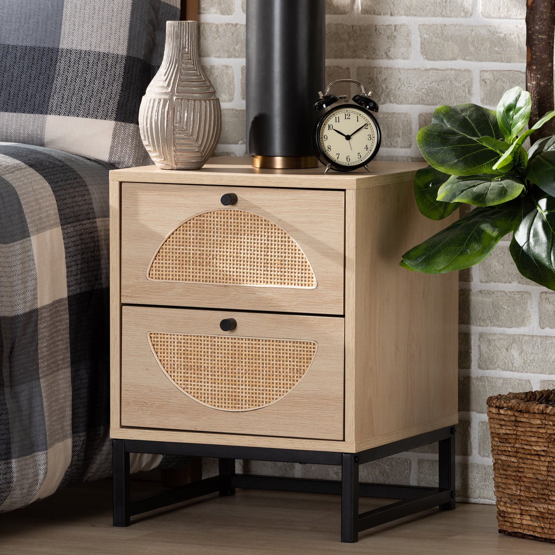 Baxton Studio Ardon Bohemian Light Brown Finished Wood and Black Metal 2-Drawer End Table with Natural Rattan
