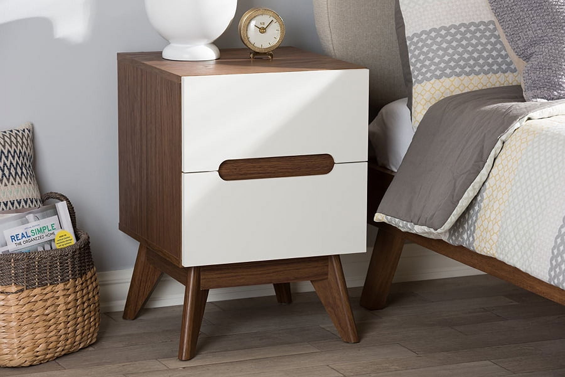 BINLIS Baxton Studio Calypso Midâ€‘Century Nightstand Engineered Wood White/Walnut