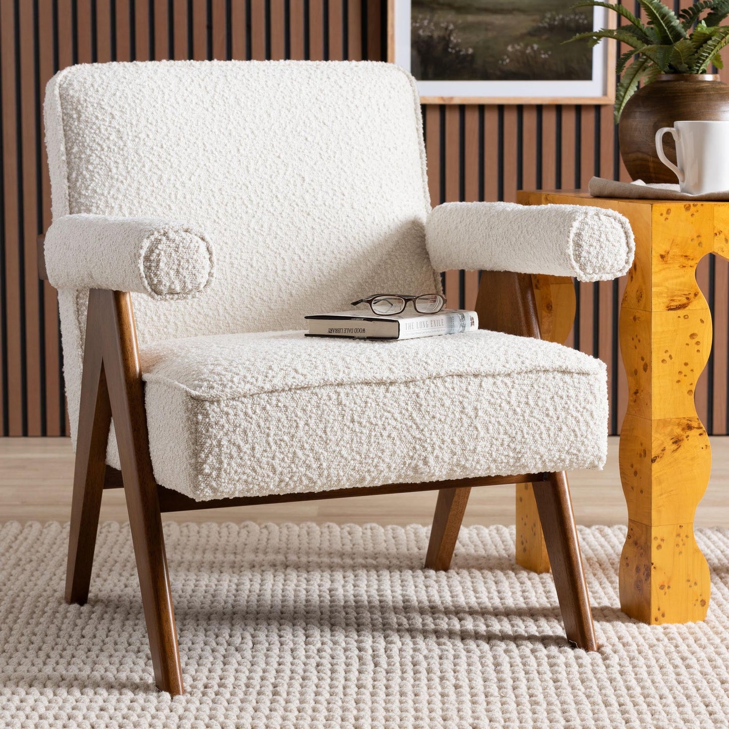 Baxton Studio Georgina Japandi Accent Chair, Walnut Brown