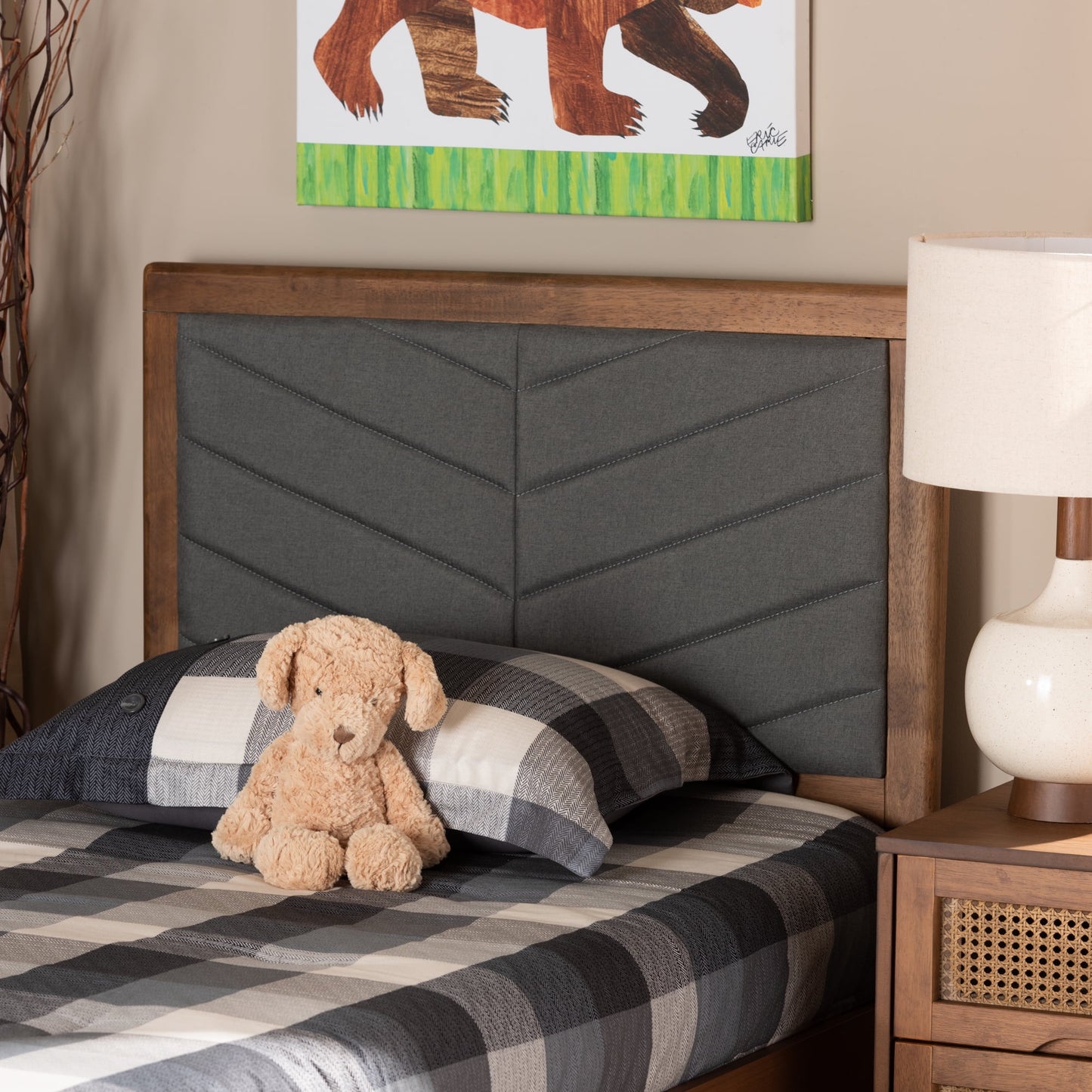 Baxton Studio Iden Modern and Contemporary Dark Grey Fabric Upholstered and Walnut Brown Finished Wood Twin Size Headboard