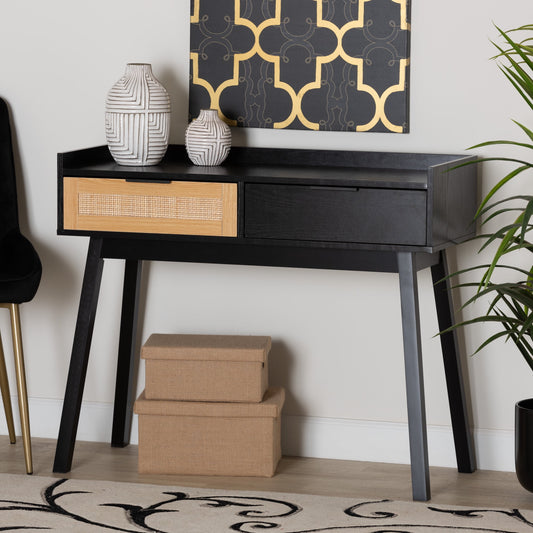 Baxton Studio Kalani Mid-Century Modern Two-Tone Espresso Brown and Natural Brown Finished Wood 2-Drawer Console Table