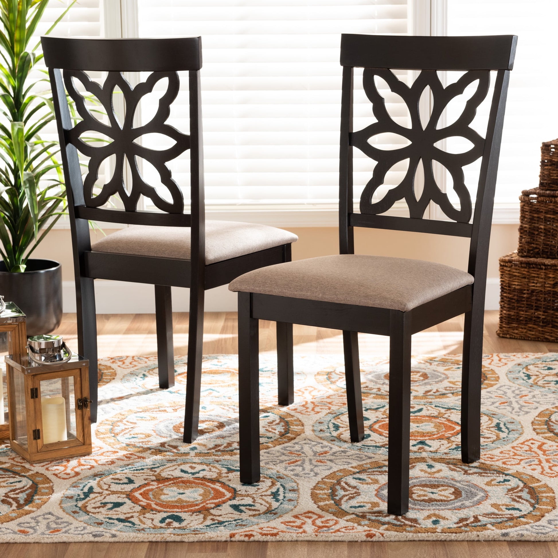 Baxton Studio Samwell Modern and Contemporary Sand Fabric Upholstered and Dark Brown Finished Wood 2-Piece Dining Chair Set