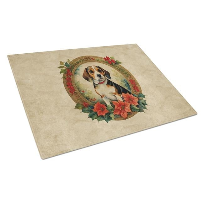 Beagle Christmas Flowers Glass Cutting Board 12 in x 15 in