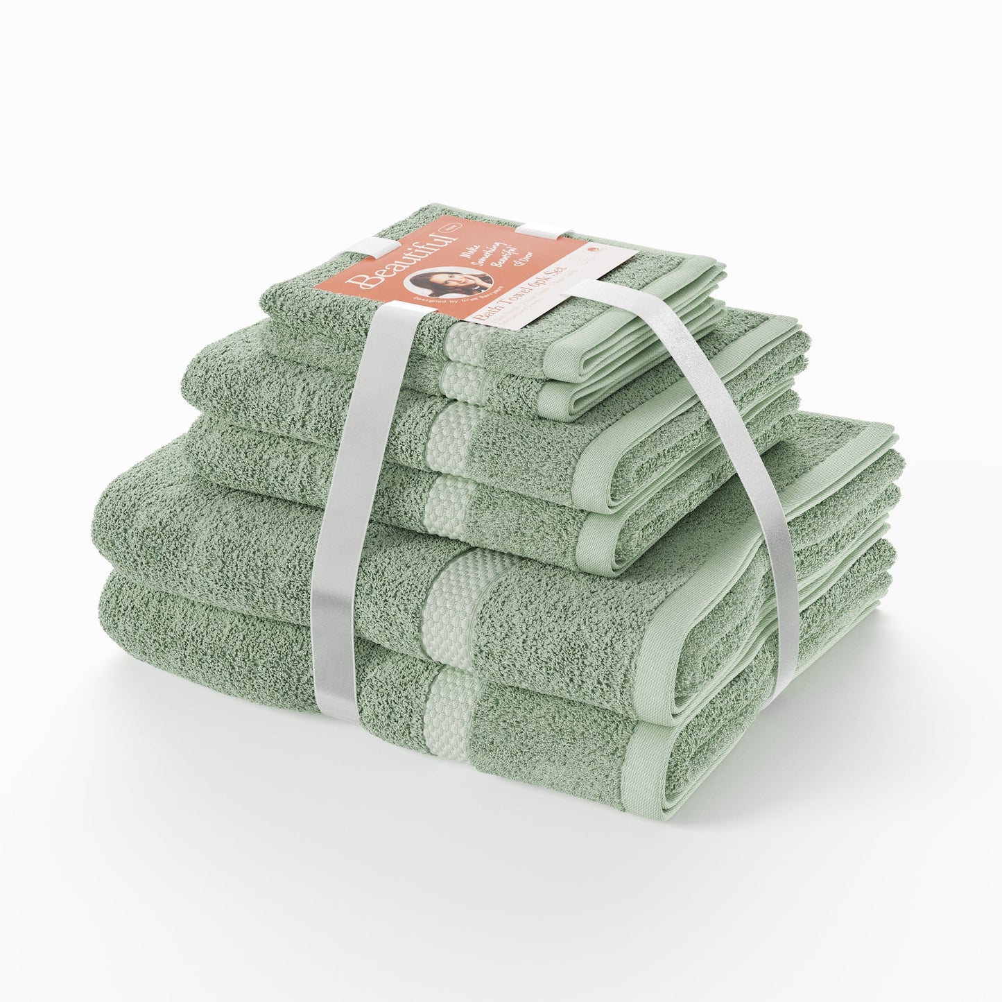 Beautiful by Drew Barrymore 6-Piece Dobby Bath Towel Set, Soft 100% Cotton, Sage Green