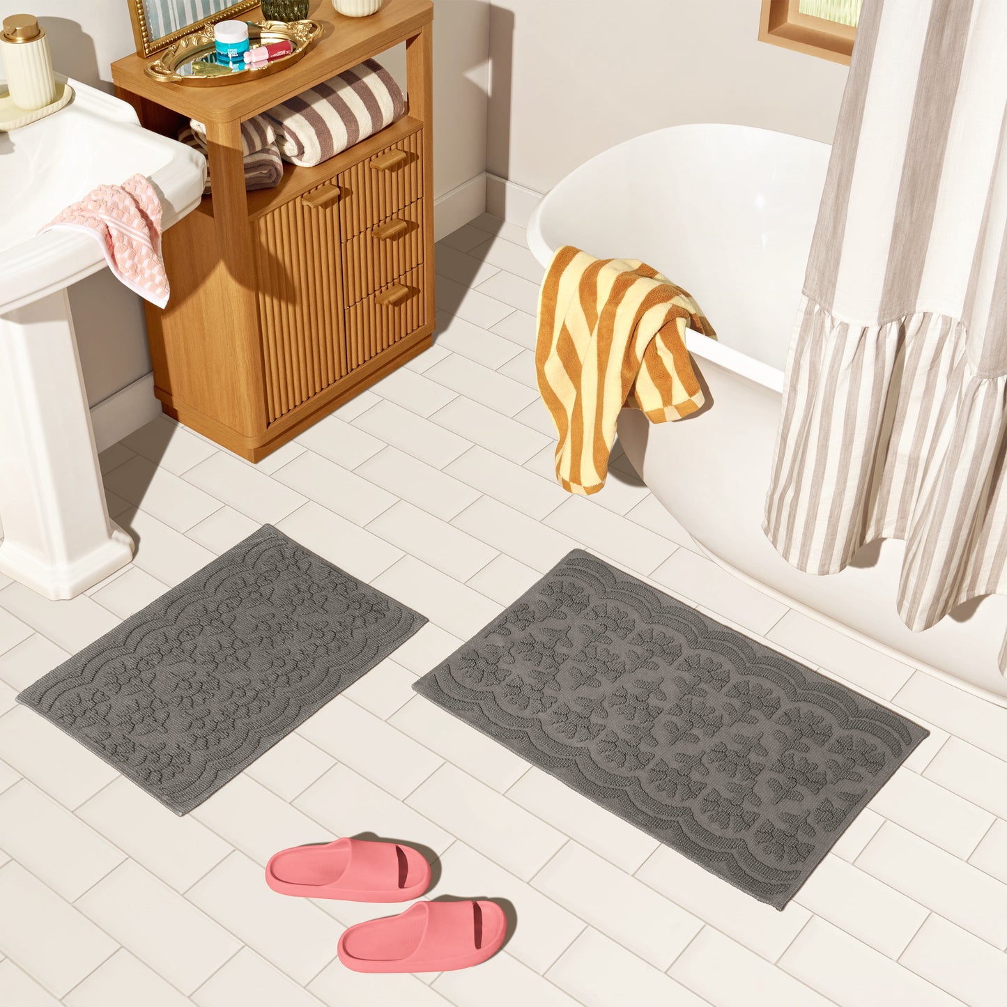 Beautiful Floral Block Scallop 2 Piece Bath Rug Set by Drew Barrymore, Charcoal Grey, 17" x 24" & 20" x 30"