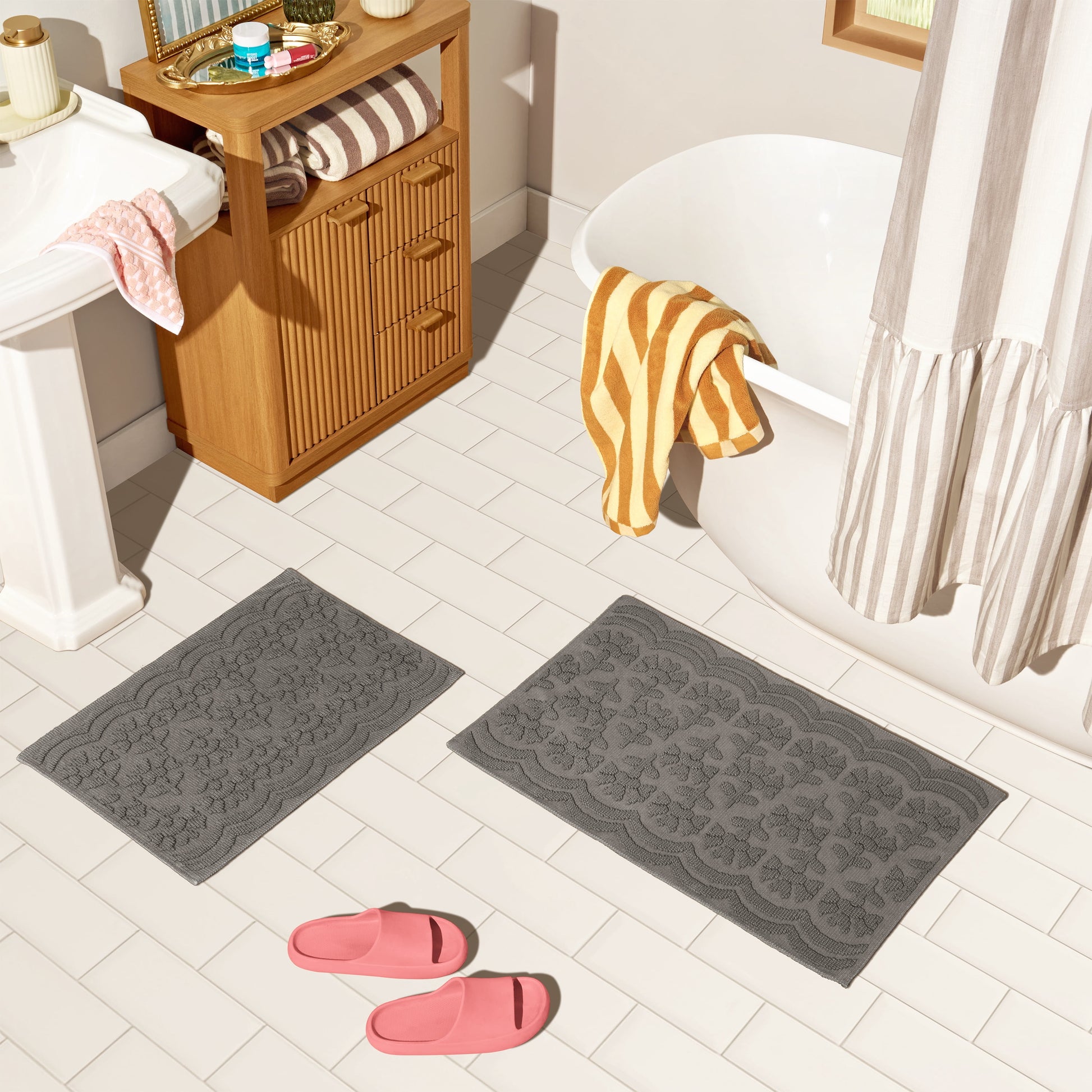 Beautiful Floral Block Scallop 2 Piece Bath Rug Set by Drew Barrymore, Charcoal Grey, 17" x 24" & 20" x 30"