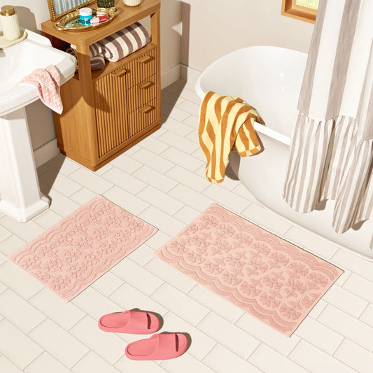 Beautiful Floral Block Scallop 2 Piece Bath Rug Set by Drew Barrymore, Rose Pink, 17" x 24" & 20" x 30"