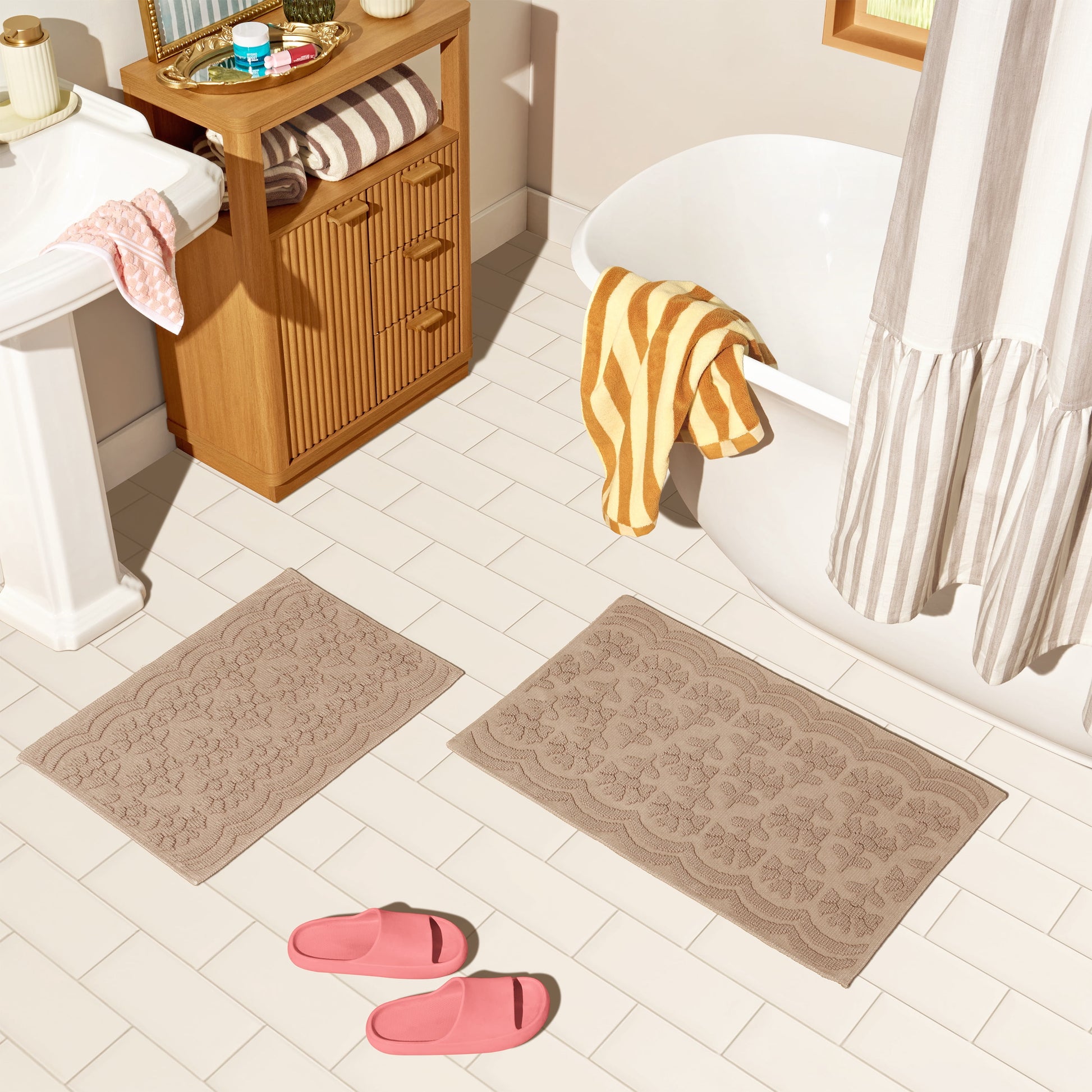 Beautiful Floral Block Scallop 2 Piece Bath Rug Set by Drew Barrymore, Fawn, 17" x 24" & 20" x 30"