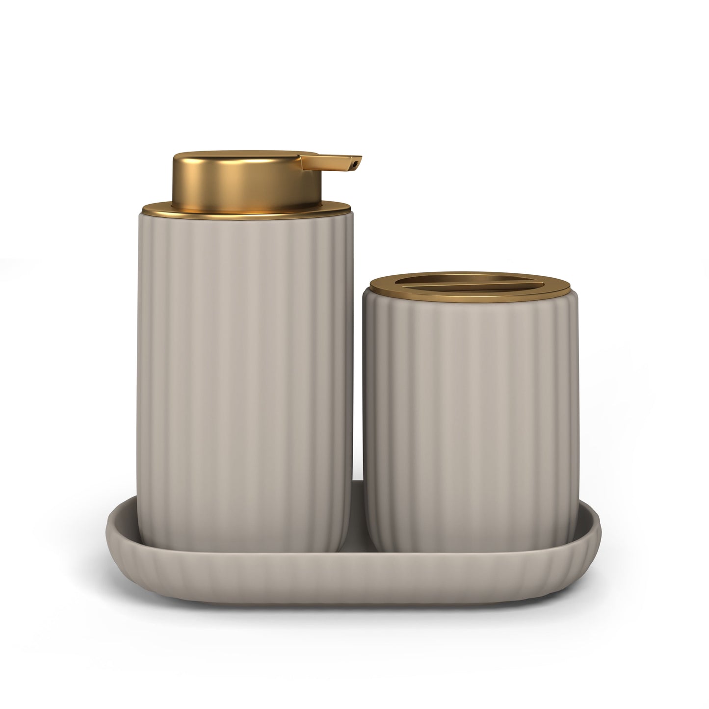 Beautiful Fluted Stoneware Bath Accessories 3-Piece Set by Drew Barrymore, Porcini Taupe