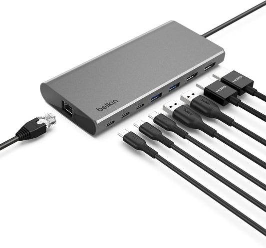 Belkin USB-C 8-in1 Dual Display Core Hub - Docking Station - 10 Gbps - 100W - 3xUSB-C, 2xUSB-A, 2xHDMI, Ethernet - 4K - Grey