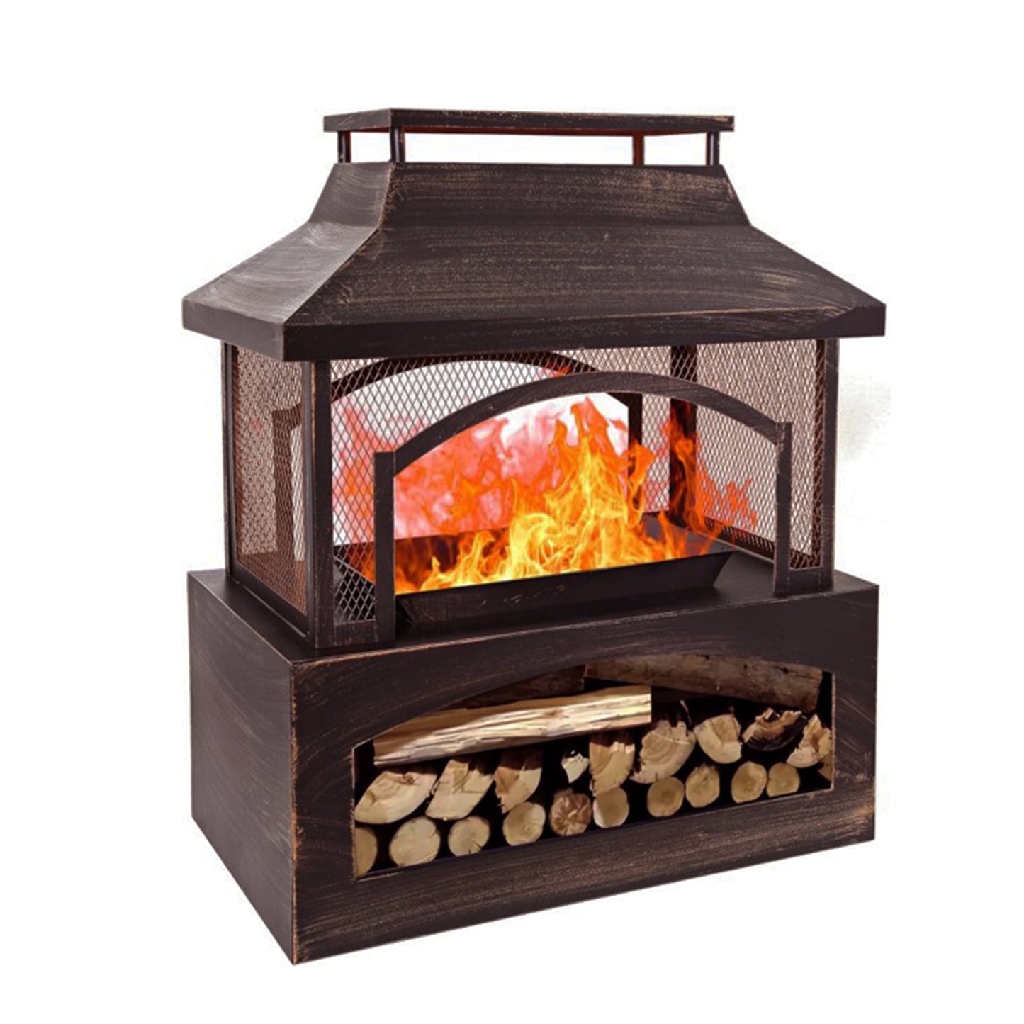 Bestier Fire Pits for Outside Wood Burning, Outdoor Fireplace with Log Storage Rack, Freestanding Chiminea Fireplace with Mesh Screen and Pocker for Backyard Patio Party Camping Picnic, 37"