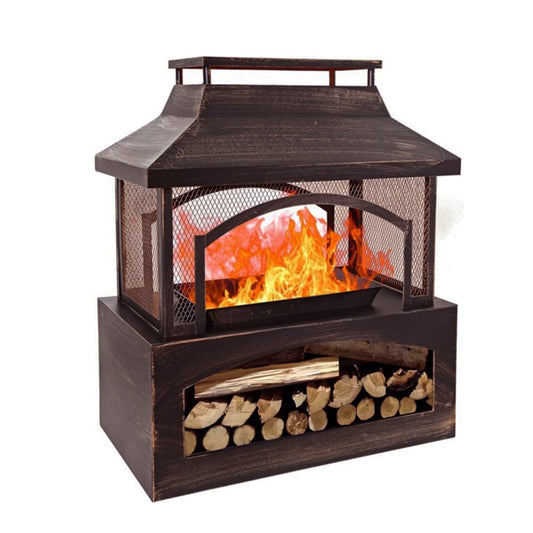 Bestier Fire Pits for Outside Wood Burning, Outdoor Fireplace with Log Storage Rack, Freestanding Chiminea Fireplace with Mesh Screen and Pocker for Backyard Patio Party Camping Picnic, 37"
