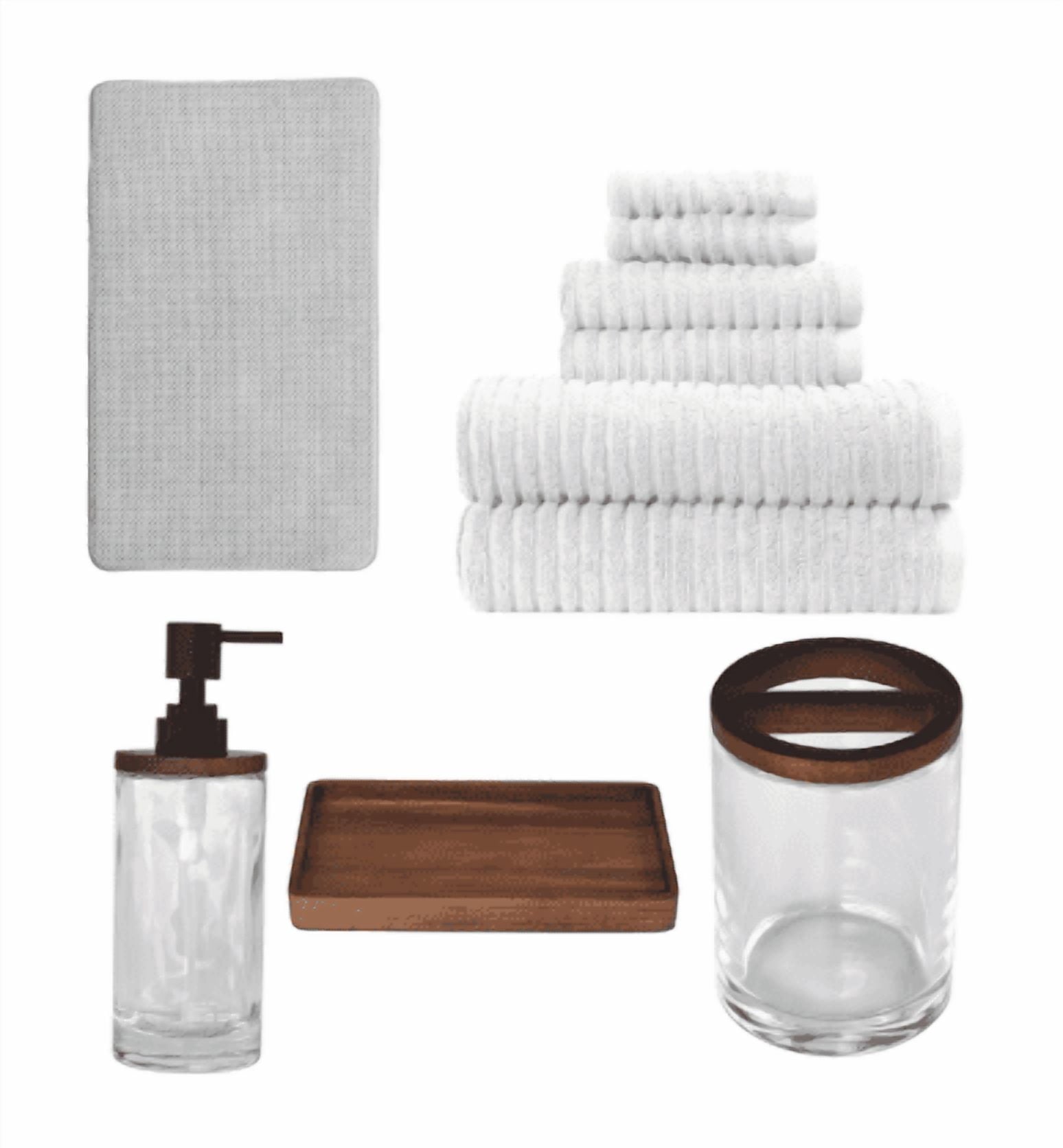 Better Homes & Gardens Complete Bathroom Set â€“ Cotton Towels, Memory Foam Rug & Acacia Wood Glass Accessories, White