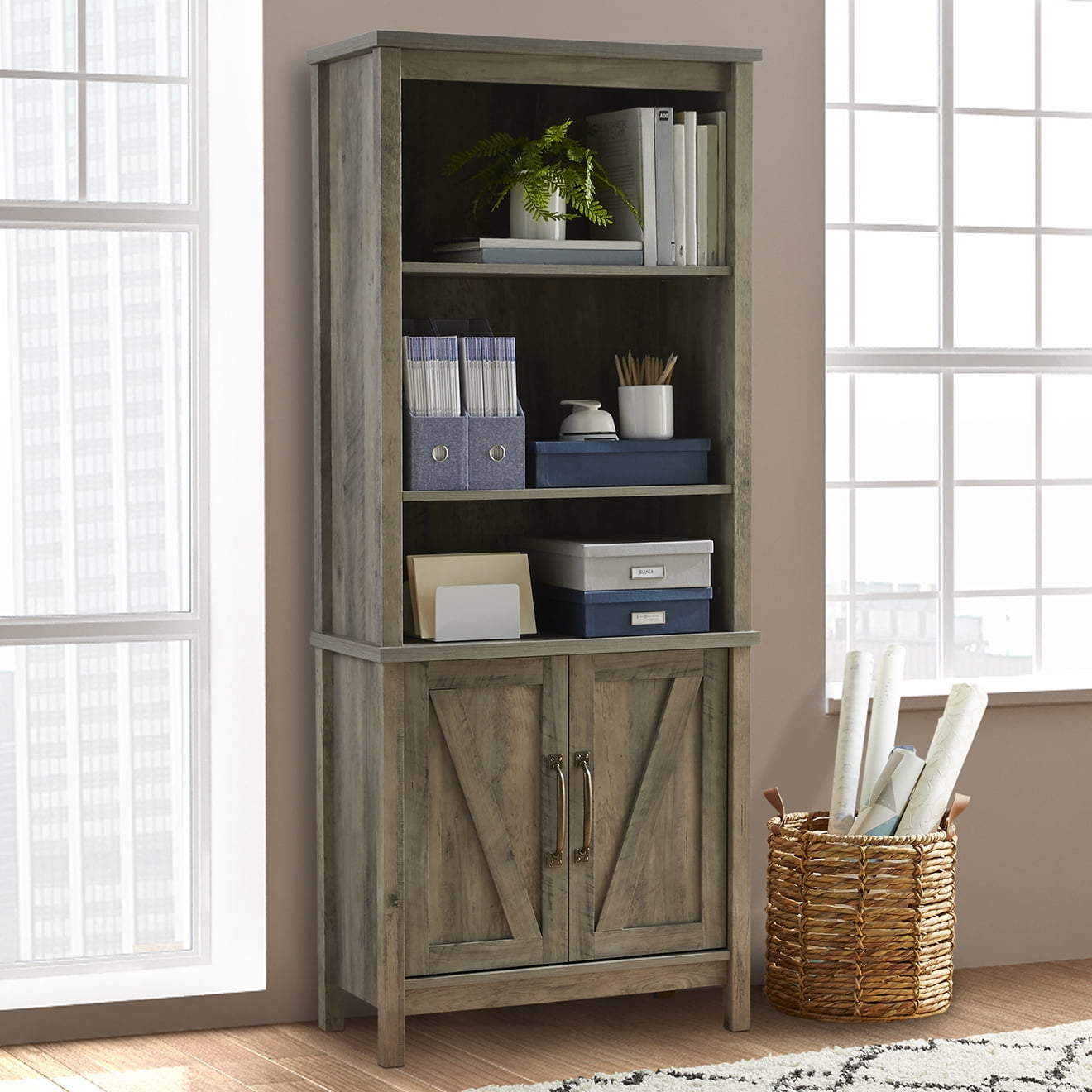 Better Homes & Gardens Modern Farmhouse Bookcase with Doors, Gray Finish