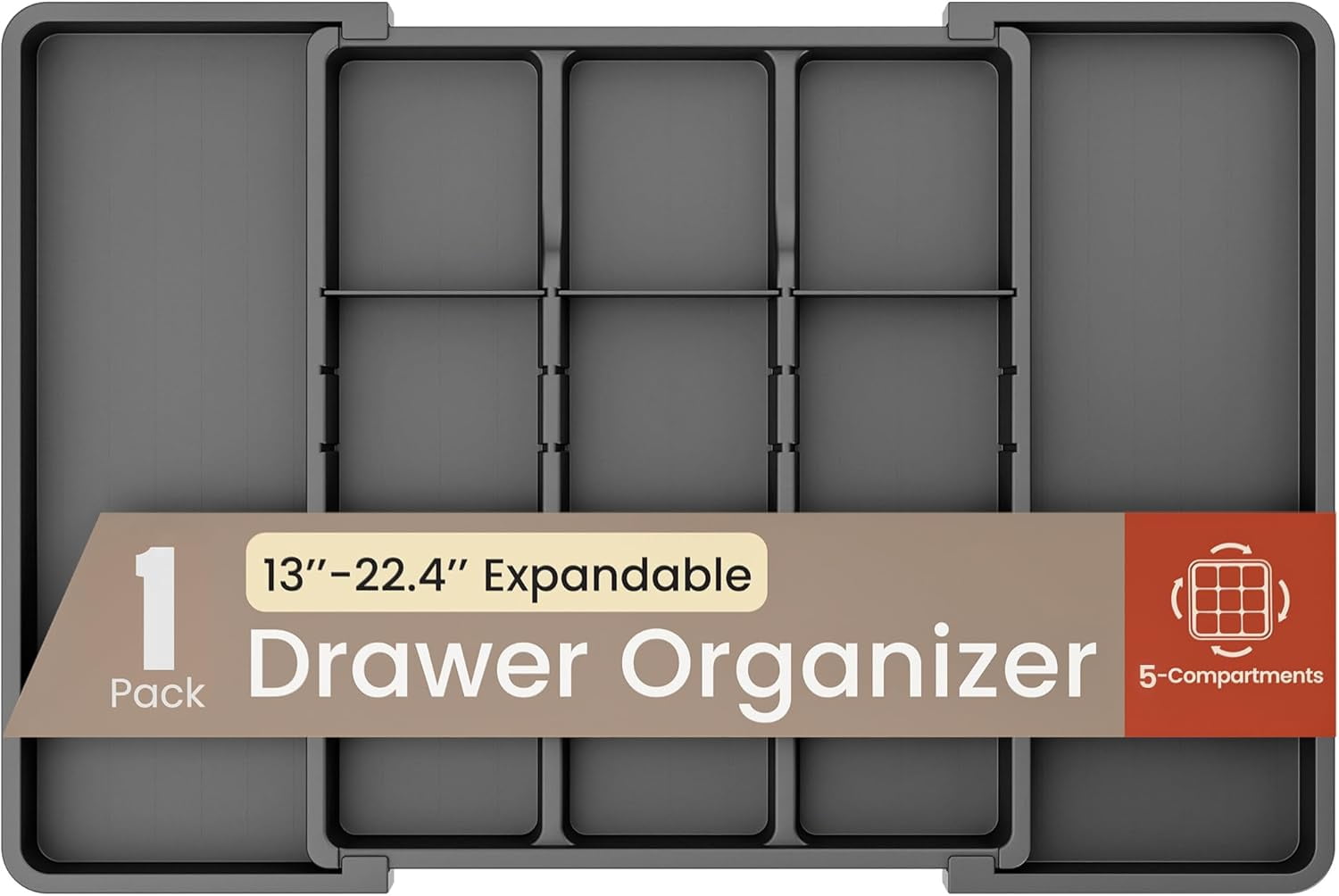 Black Expandable Utensil Drawer Organizer 1 Pack, Adjustable 13â€ to 22.4â€, 5 Compartment Silverware Organizer for Kitchen Utensils, Spatulas, Cutlery, and Tools, Easy to Clean, Durable, and BPA-Free