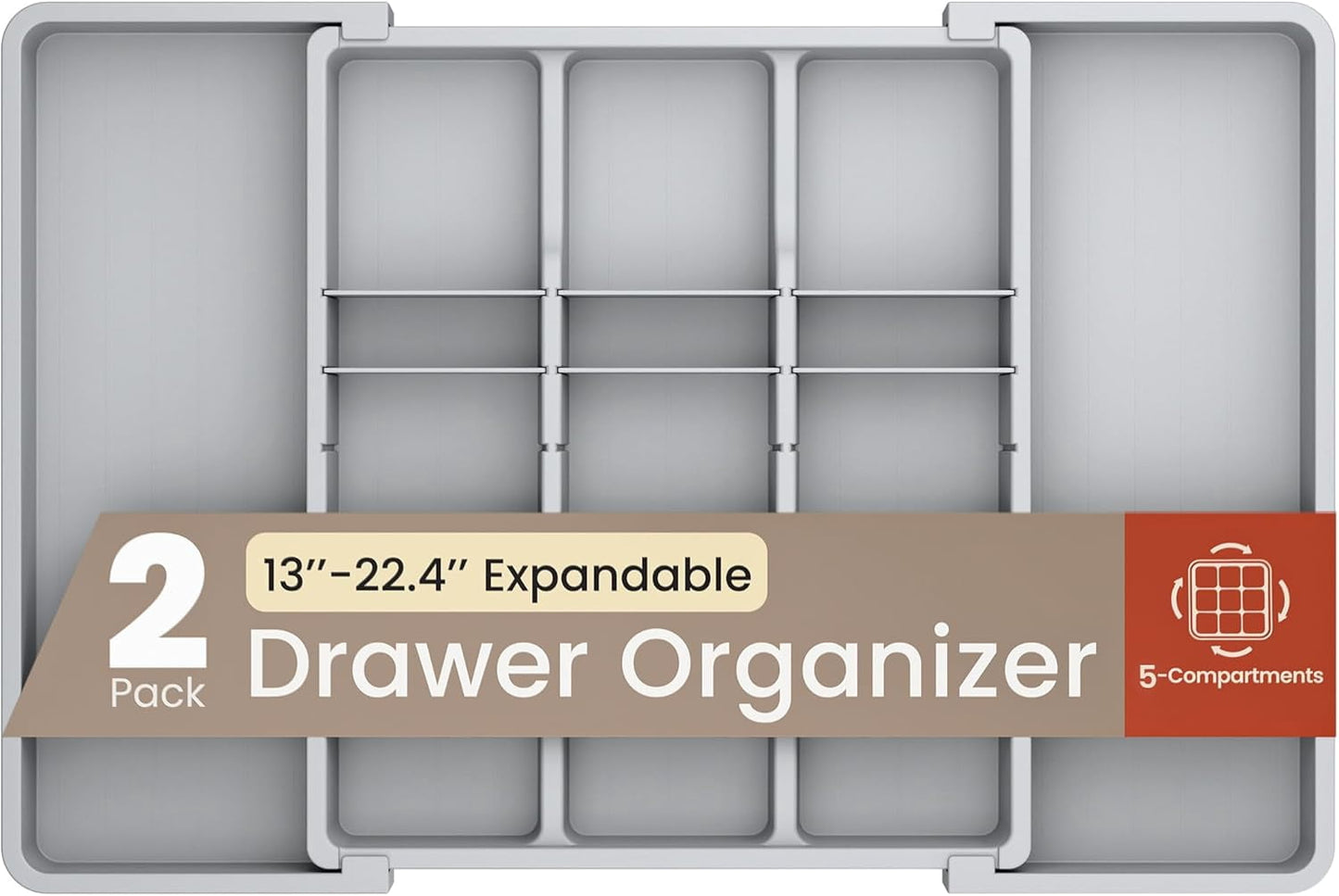 Black Expandable Utensil Drawer Organizer 2 Pack, Adjustable 13â€ to 22.4â€, 5 Compartment Silverware Organizer for Kitchen Utensils, Spatulas, Cutlery, and Tools, Easy to Clean, Durable, and BPA-Free