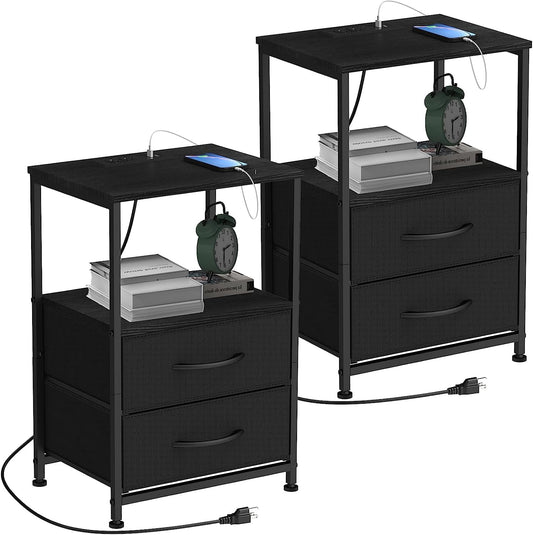 Oumilen Adult Modern Black Nightstand with 2 Fabric Drawers End Table with Charging Station Set of 2