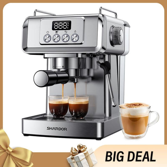 Black Stainless Steel Espresso Machine with 20 Bar Pressure and Milk Frother Steam Wand for Home: Latte & Cappuccino Maker, 1350W Fast Heating Function