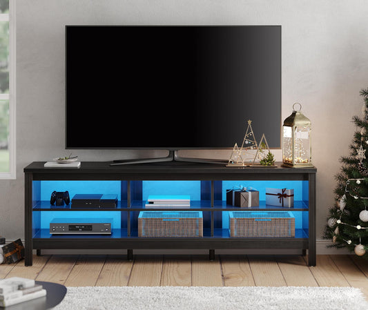 Black TV Stand with LED Lights for 75 Inch TV, Farmhouse TV Cabinet with 6 Storages, Living Room TV Console Table Entertainment Center, 70 inch