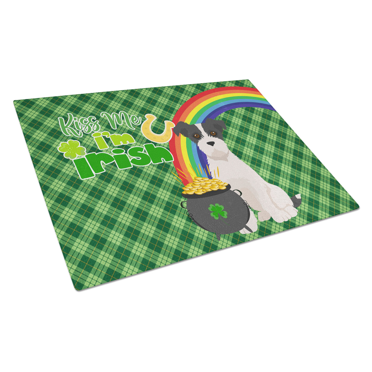 Black White Wirehair Jack Russell Terrier St. Patrick's Day Glass Cutting Board Large 12 in x 15 in