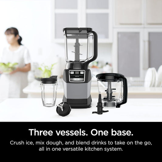 Blender, Compact Kitchen System, 1200W, 3 Functions for Smoothies, Dough & Frozen Drinks with Auto-IQ, 72-oz.* Blender Pitcher, 40-oz. Processor Bowl & 18-oz. Single-Serve Cup, Grey, AMZ493BRN