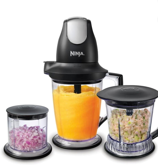 Blender Master Prep Food Processor with 450 Watt Base, 48oz Pitcher, 16oz Chopper Bowl, and 40oz Processor Bowl for Shakes, Smoothies, and Meal Prep, Black (QB1004)